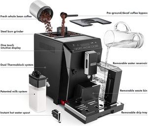 DeLonghi Eletta Black Cappuccino Top Digital Super Automatic Machine with LatteCrema System