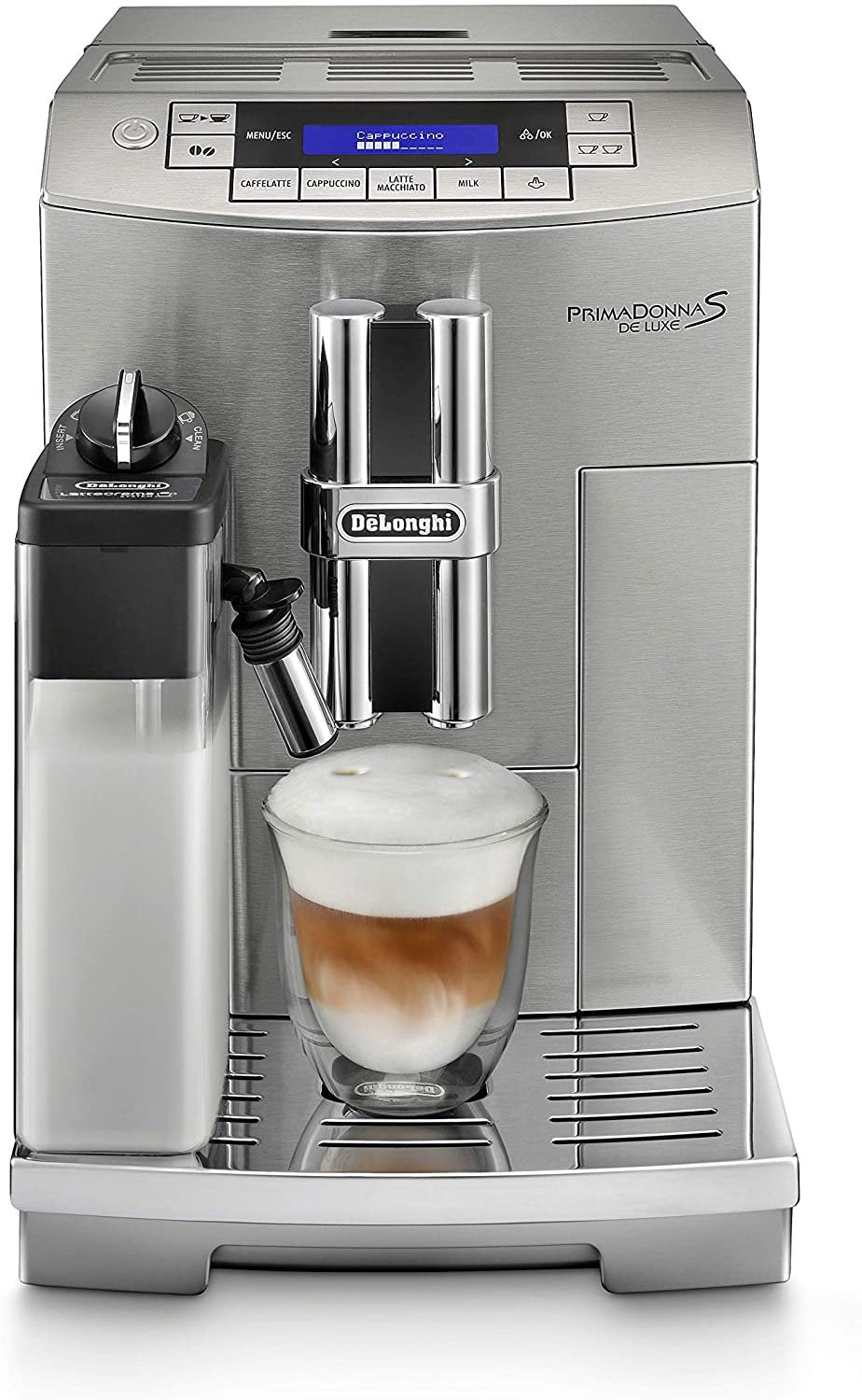 DeLonghi Prima Donna Fully Automatic Espresso Machine with Lattecrema System, Milk Frother and Memory function, Stainless Steel, ECAM28465